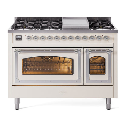 ILVE Nostalgie II Noblesse 48" Antique White Dual Fuel Range with 8 Burners and Griddle Triple Glass Door Natural Gas