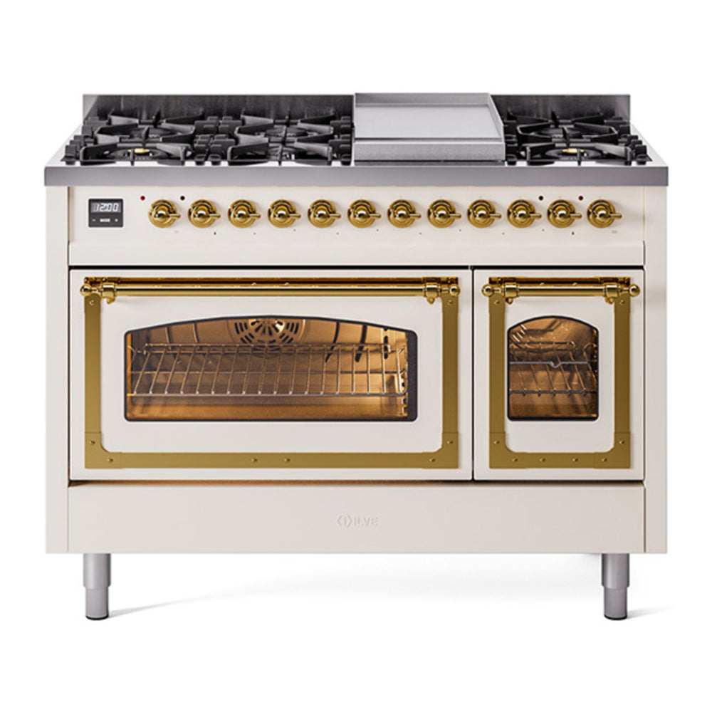 ILVE Nostalgie II Noblesse 48" Antique White Dual Fuel Range with 8 Burners and Griddle Triple Glass Door Natural Gas