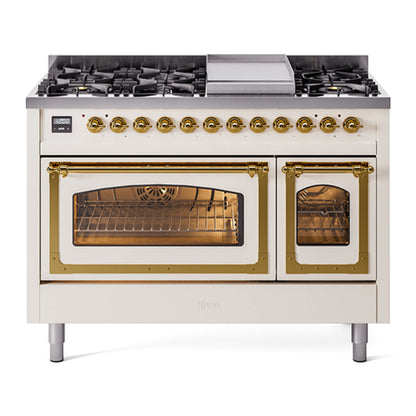 ILVE Nostalgie II Noblesse 48" Antique White Dual Fuel Range with 8 Burners and Griddle Triple Glass Door Natural Gas
