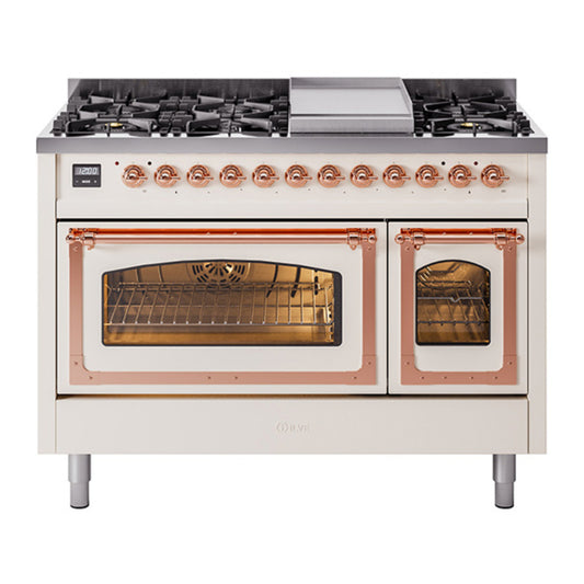 ILVE Nostalgie II Noblesse 48" Antique White Dual Fuel Range with 8 Burners and Griddle Triple Glass Door Natural Gas