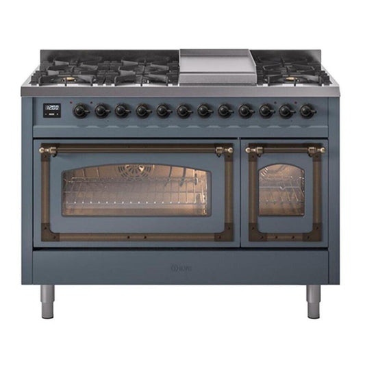 ILVE Nostalgie II Noblesse 48" Blue Grey Dual Fuel Range with 8 Burners and Griddle Triple Glass Door Natural Gas