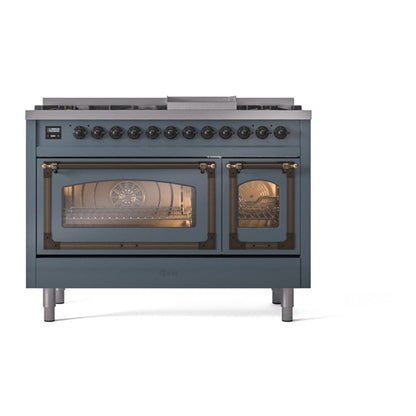 ILVE Nostalgie II Noblesse 48" Blue Grey Dual Fuel Range with 8 Burners and Griddle Triple Glass Door Natural Gas