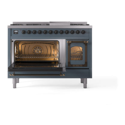 ILVE Nostalgie II Noblesse 48" Blue Grey Dual Fuel Range with 8 Burners and Griddle Triple Glass Door Natural Gas