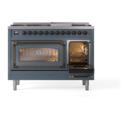 ILVE Nostalgie II Noblesse 48" Blue Grey Dual Fuel Range with 8 Burners and Griddle Triple Glass Door Natural Gas
