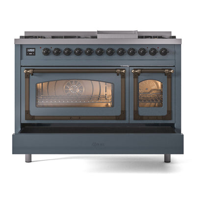 ILVE Nostalgie II Noblesse 48" Blue Grey Dual Fuel Range with 8 Burners and Griddle Triple Glass Door Natural Gas