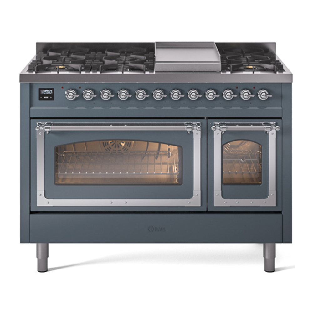 ILVE Nostalgie II Noblesse 48" Blue Grey Dual Fuel Range with 8 Burners and Griddle Triple Glass Door Natural Gas