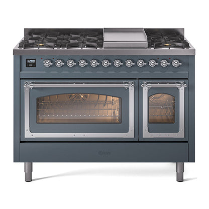 ILVE Nostalgie II Noblesse 48" Blue Grey Dual Fuel Range with 8 Burners and Griddle Triple Glass Door Natural Gas