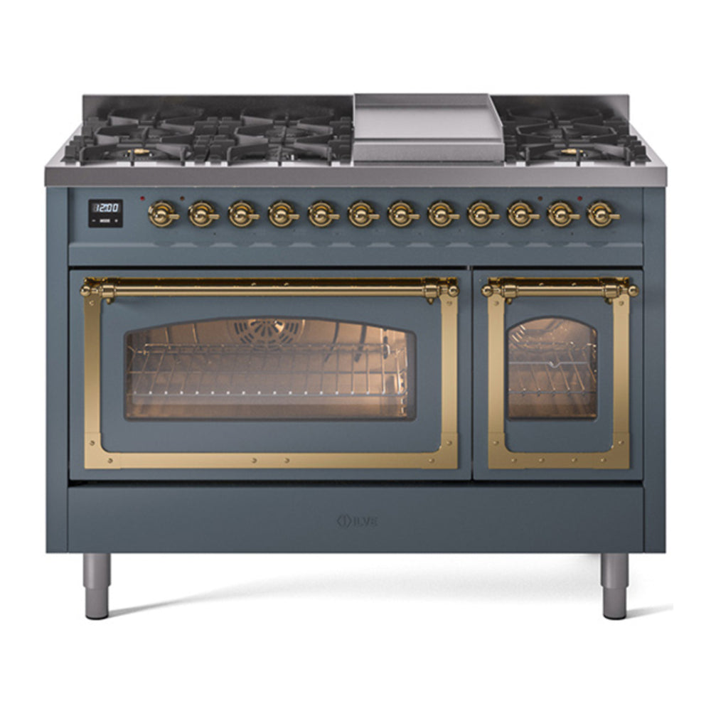 ILVE Nostalgie II Noblesse 48" Blue Grey Dual Fuel Range with 8 Burners and Griddle Triple Glass Door Natural Gas