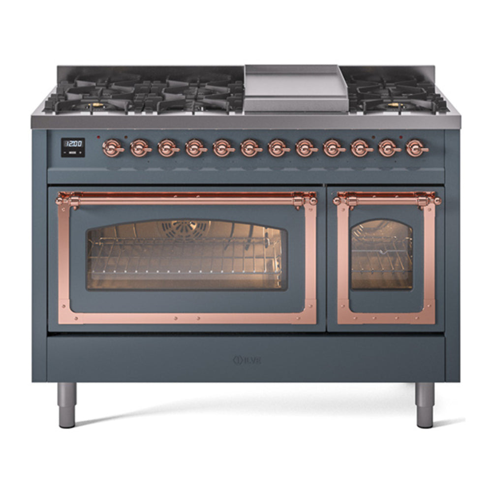 ILVE Nostalgie II Noblesse 48" Blue Grey Dual Fuel Range with 8 Burners and Griddle Triple Glass Door Natural Gas