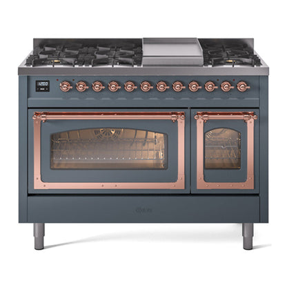 ILVE Nostalgie II Noblesse 48" Blue Grey Dual Fuel Range with 8 Burners and Griddle Triple Glass Door Natural Gas