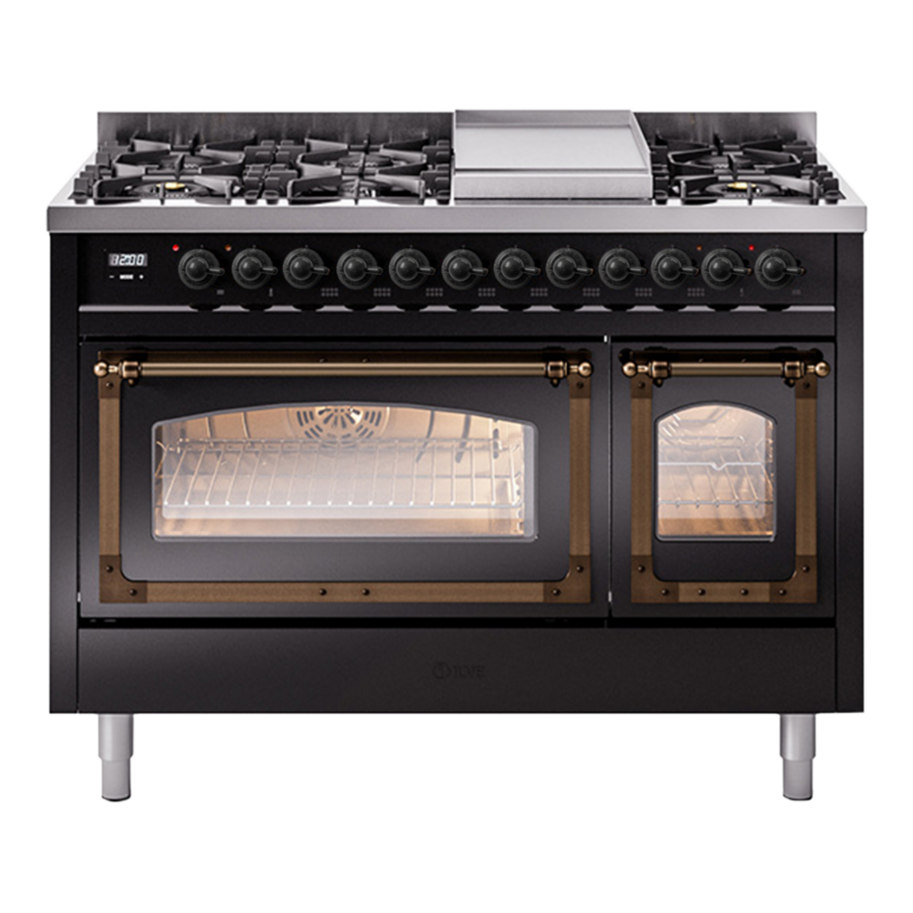 ILVE Nostalgie II Noblesse 48" Glossy Black Dual Fuel Range with 8 Burners and Griddle Triple Glass Door Natural Gas