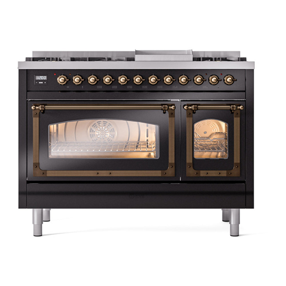 ILVE Nostalgie II Noblesse 48" Glossy Black Dual Fuel Range with 8 Burners and Griddle Triple Glass Door Natural Gas
