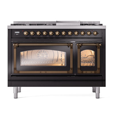 ILVE Nostalgie II Noblesse 48" Glossy Black Dual Fuel Range with 8 Burners and Griddle Triple Glass Door Natural Gas