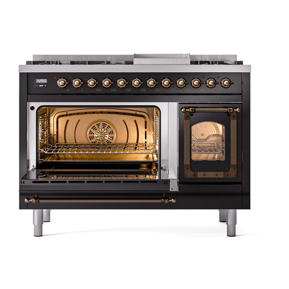 ILVE Nostalgie II Noblesse 48" Glossy Black Dual Fuel Range with 8 Burners and Griddle Triple Glass Door Natural Gas