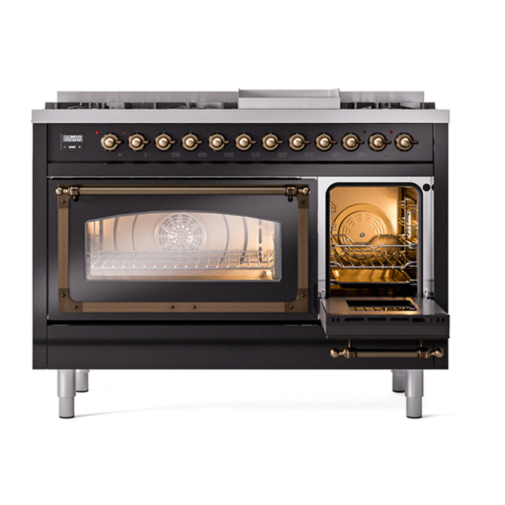 ILVE Nostalgie II Noblesse 48" Glossy Black Dual Fuel Range with 8 Burners and Griddle Triple Glass Door Natural Gas