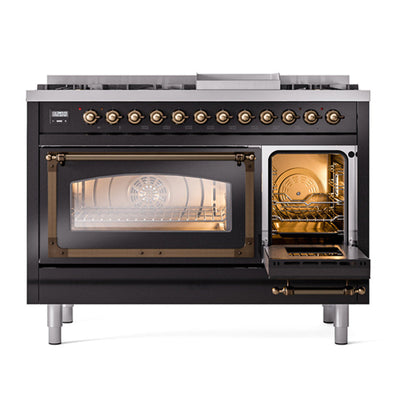 ILVE Nostalgie II Noblesse 48" Glossy Black Dual Fuel Range with 8 Burners and Griddle Triple Glass Door Natural Gas