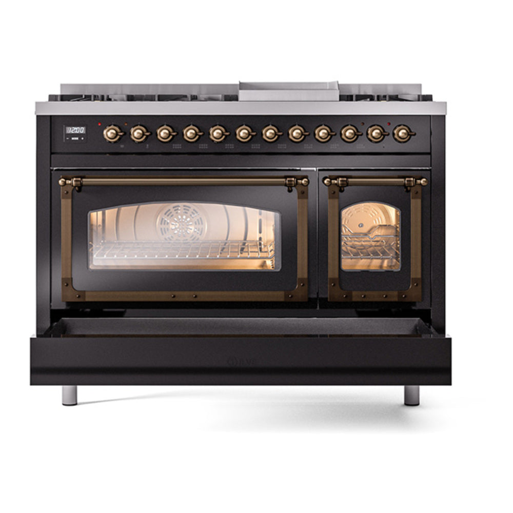ILVE Nostalgie II Noblesse 48" Glossy Black Dual Fuel Range with 8 Burners and Griddle Triple Glass Door Natural Gas