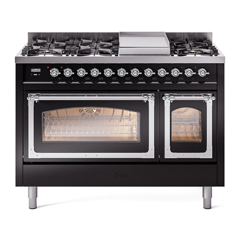 ILVE Nostalgie II Noblesse 48" Glossy Black Dual Fuel Range with 8 Burners and Griddle Triple Glass Door Natural Gas