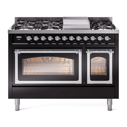 ILVE Nostalgie II Noblesse 48" Glossy Black Dual Fuel Range with 8 Burners and Griddle Triple Glass Door Natural Gas