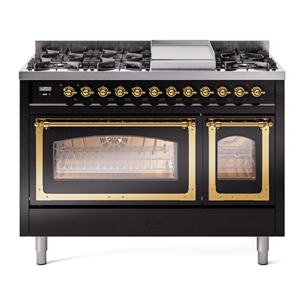 ILVE Nostalgie II Noblesse 48" Glossy Black Dual Fuel Range with 8 Burners and Griddle Triple Glass Door Natural Gas