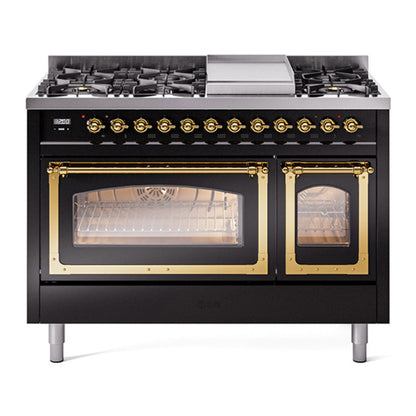 ILVE Nostalgie II Noblesse 48" Glossy Black Dual Fuel Range with 8 Burners and Griddle Triple Glass Door Natural Gas