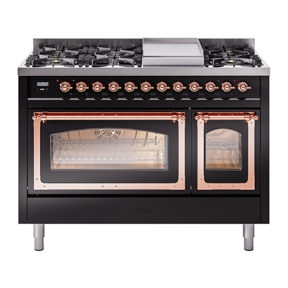 ILVE Nostalgie II Noblesse 48" Glossy Black Dual Fuel Range with 8 Burners and Griddle Triple Glass Door Natural Gas