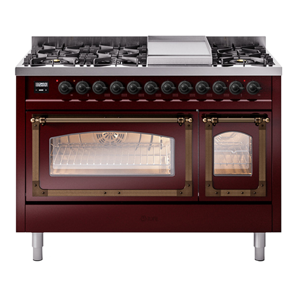 ILVE Nostalgie II Noblesse 48" Burgundy Dual Fuel Range with 8 Burners and Griddle Triple Glass Door Natural Gas