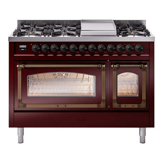 ILVE Nostalgie II Noblesse 48" Burgundy Dual Fuel Range with 8 Burners and Griddle Triple Glass Door Natural Gas