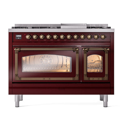 ILVE Nostalgie II Noblesse 48" Burgundy Dual Fuel Range with 8 Burners and Griddle Triple Glass Door Natural Gas