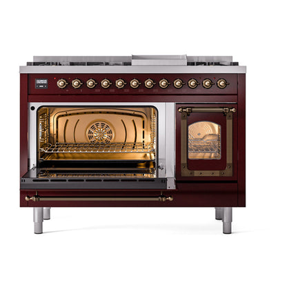 ILVE Nostalgie II Noblesse 48" Burgundy Dual Fuel Range with 8 Burners and Griddle Triple Glass Door Natural Gas