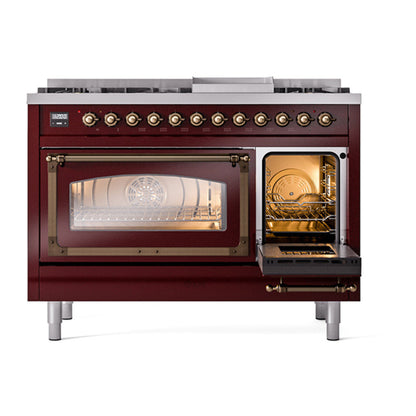ILVE Nostalgie II Noblesse 48" Burgundy Dual Fuel Range with 8 Burners and Griddle Triple Glass Door Natural Gas