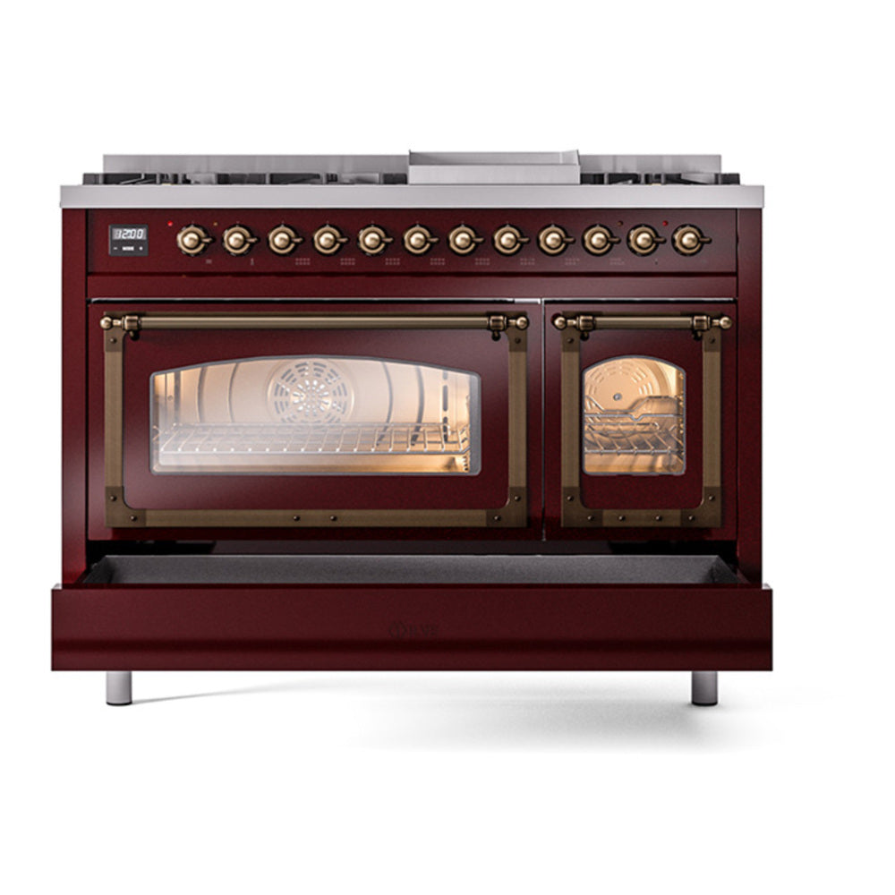 ILVE Nostalgie II Noblesse 48" Burgundy Dual Fuel Range with 8 Burners and Griddle Triple Glass Door Natural Gas