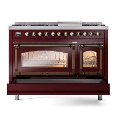 ILVE Nostalgie II Noblesse 48" Burgundy Dual Fuel Range with 8 Burners and Griddle Triple Glass Door Natural Gas