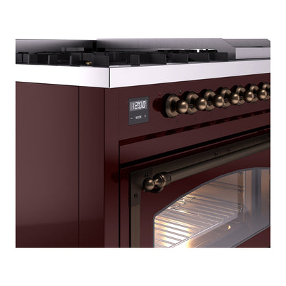 ILVE Nostalgie II Noblesse 48" Burgundy Dual Fuel Range with 8 Burners and Griddle Triple Glass Door Natural Gas