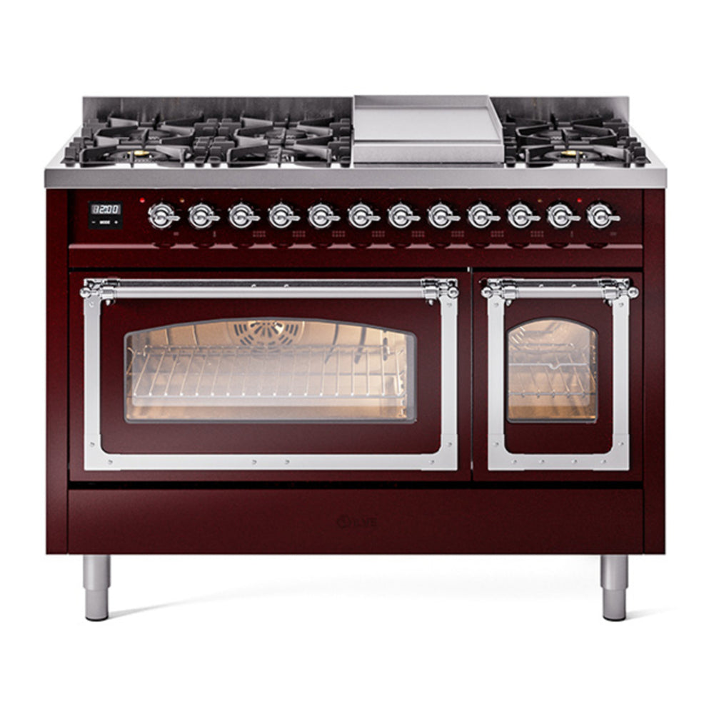 ILVE Nostalgie II Noblesse 48" Burgundy Dual Fuel Range with 8 Burners and Griddle Triple Glass Door Natural Gas