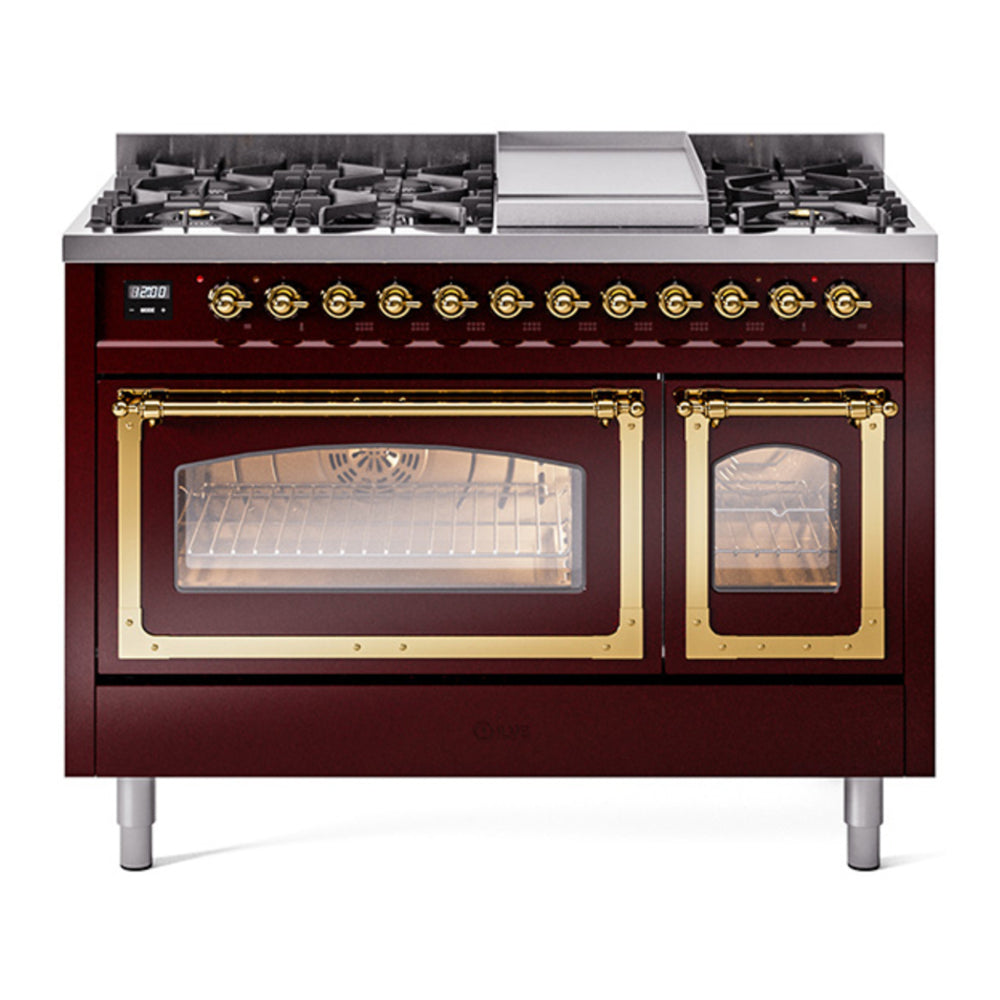ILVE Nostalgie II Noblesse 48" Burgundy Dual Fuel Range with 8 Burners and Griddle Triple Glass Door Natural Gas