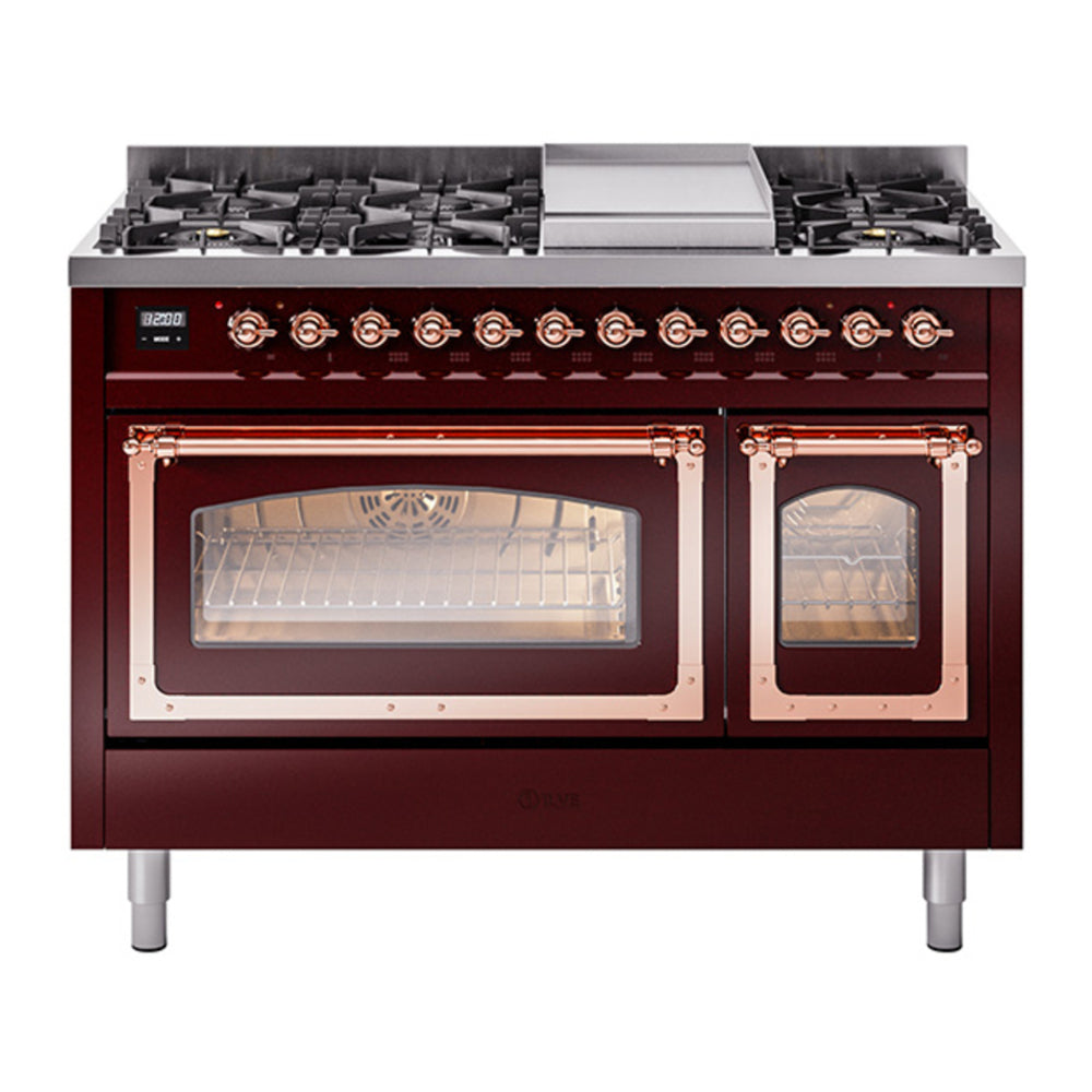 ILVE Nostalgie II Noblesse 48" Burgundy Dual Fuel Range with 8 Burners and Griddle Triple Glass Door Natural Gas