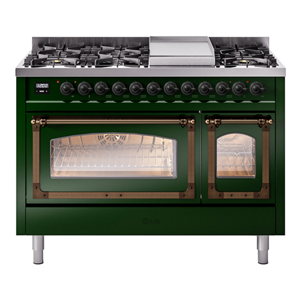 ILVE Nostalgie II Noblesse 48" Emerald Green Dual Fuel Range with 8 Burners and Griddle Triple Glass Door Natural Gas