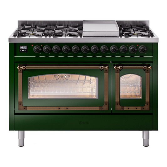 ILVE Nostalgie II Noblesse 48" Emerald Green Dual Fuel Range with 8 Burners and Griddle Triple Glass Door Natural Gas