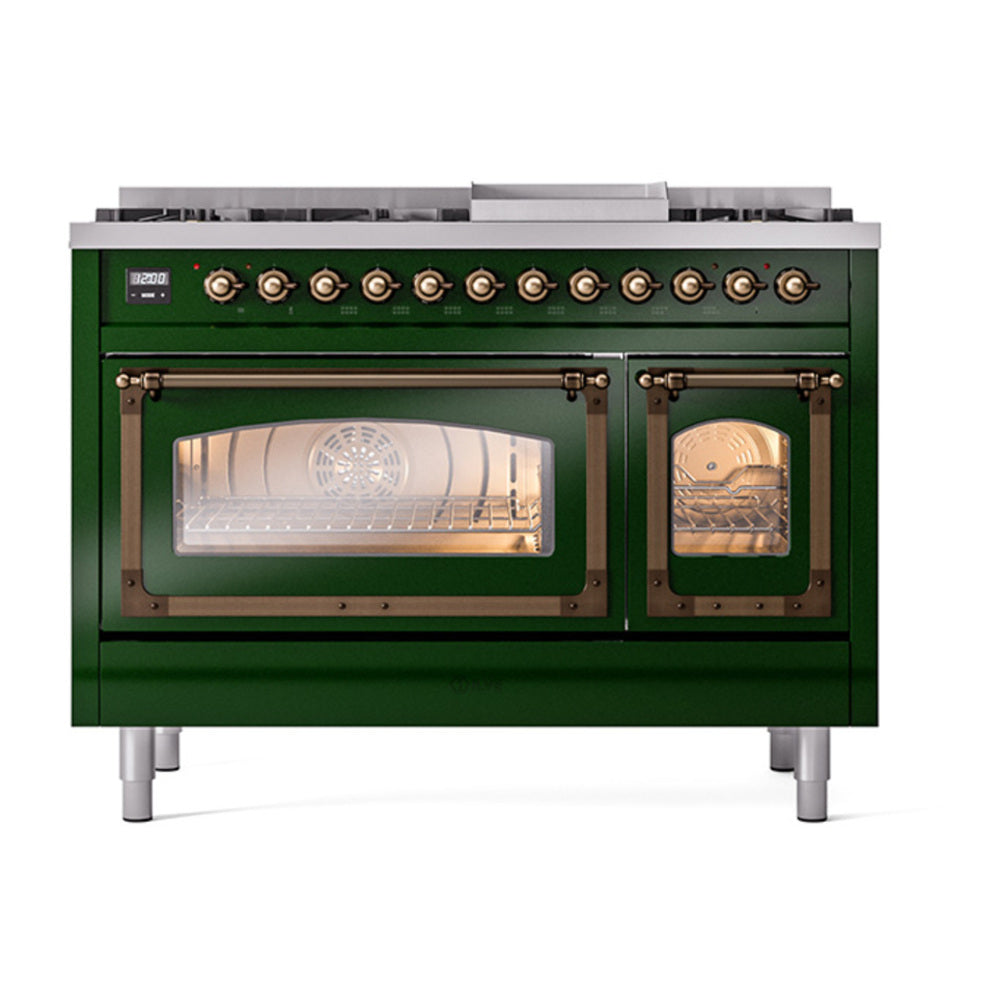 ILVE Nostalgie II Noblesse 48" Emerald Green Dual Fuel Range with 8 Burners and Griddle Triple Glass Door Natural Gas