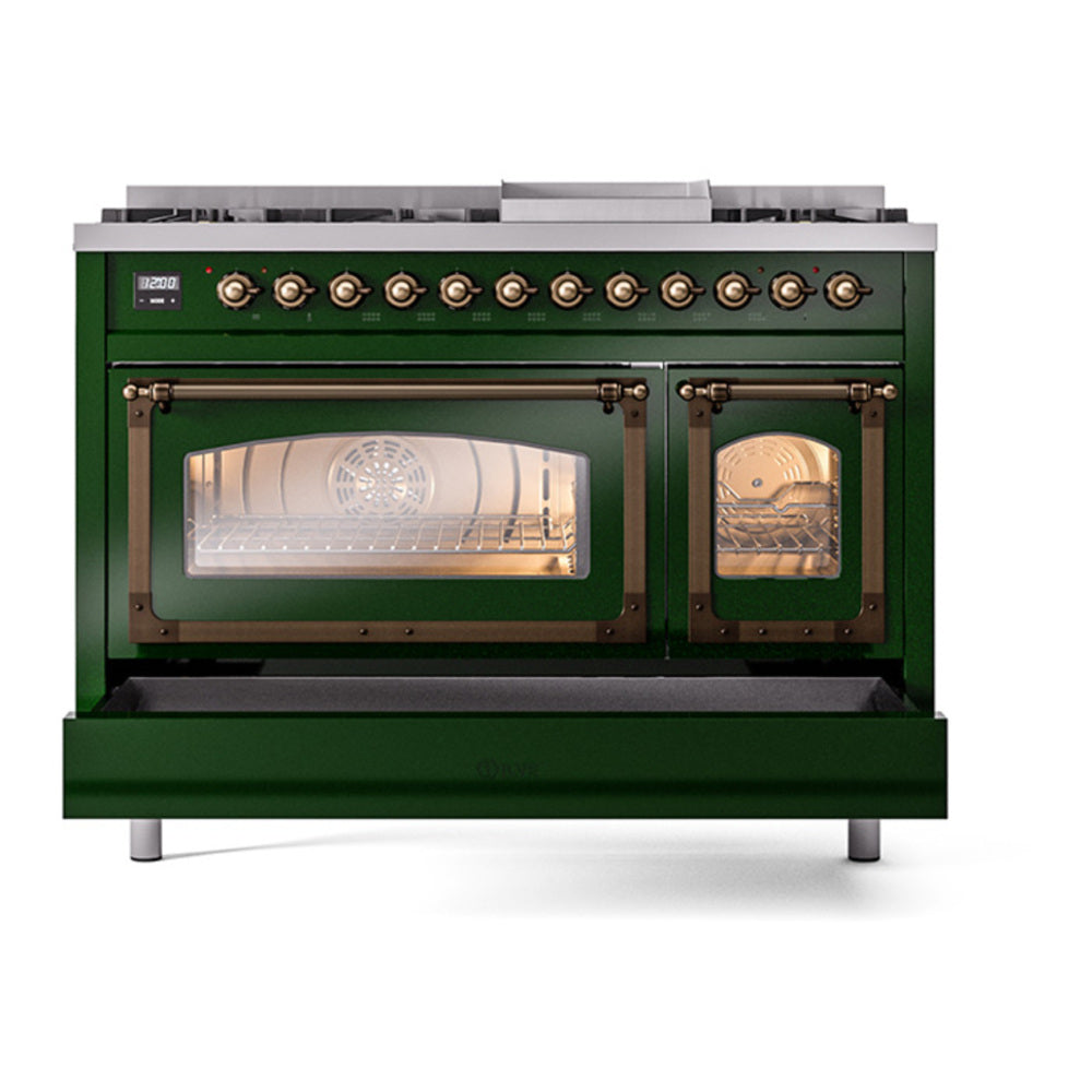 ILVE Nostalgie II Noblesse 48" Emerald Green Dual Fuel Range with 8 Burners and Griddle Triple Glass Door Natural Gas