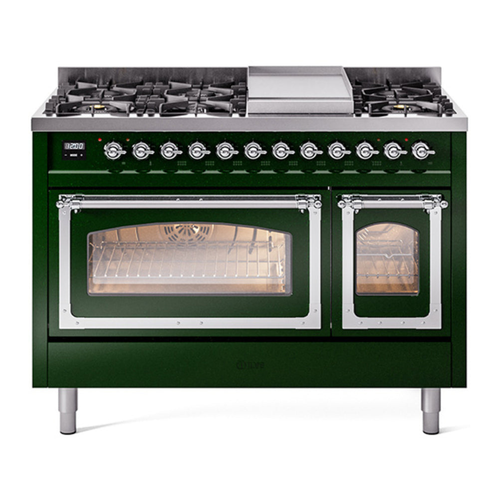 ILVE Nostalgie II Noblesse 48" Emerald Green Dual Fuel Range with 8 Burners and Griddle Triple Glass Door Natural Gas
