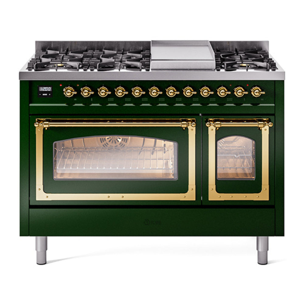 ILVE Nostalgie II Noblesse 48" Emerald Green Dual Fuel Range with 8 Burners and Griddle Triple Glass Door Natural Gas