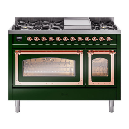 ILVE Nostalgie II Noblesse 48" Emerald Green Dual Fuel Range with 8 Burners and Griddle Triple Glass Door Natural Gas