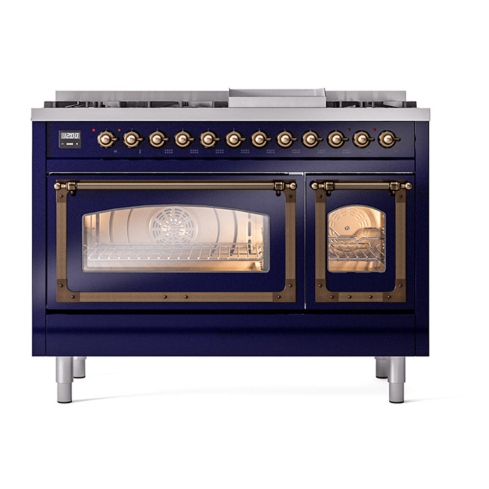 ILVE Nostalgie II Noblesse 48" Midnight Blue Dual Fuel Range with 8 Burners and Griddle Triple Glass Door Liquid Propane