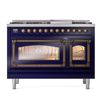 ILVE Nostalgie II Noblesse 48" Midnight Blue Dual Fuel Range with 8 Burners and Griddle Triple Glass Door Liquid Propane