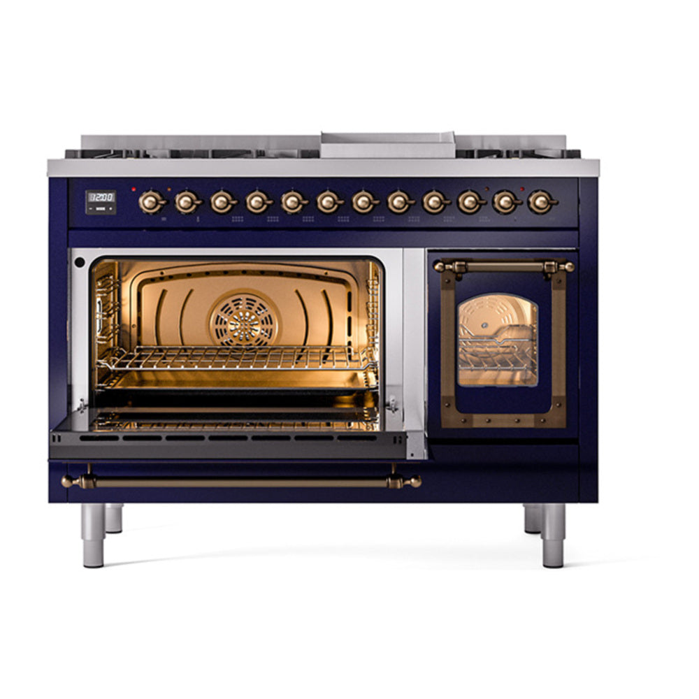 ILVE Nostalgie II Noblesse 48" Midnight Blue Dual Fuel Range with 8 Burners and Griddle Triple Glass Door Liquid Propane