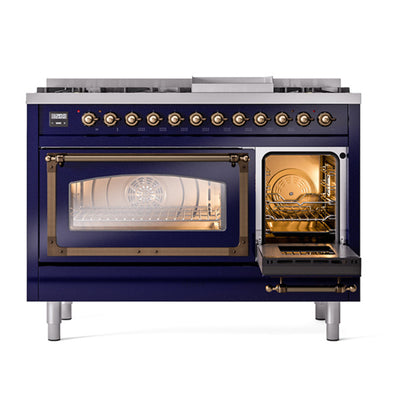 ILVE Nostalgie II Noblesse 48" Midnight Blue Dual Fuel Range with 8 Burners and Griddle Triple Glass Door Liquid Propane