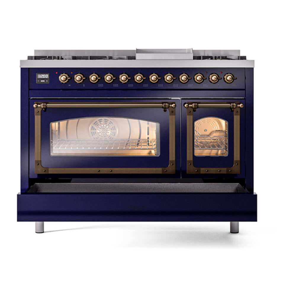 ILVE Nostalgie II Noblesse 48" Midnight Blue Dual Fuel Range with 8 Burners and Griddle Triple Glass Door Liquid Propane