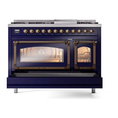 ILVE Nostalgie II Noblesse 48" Midnight Blue Dual Fuel Range with 8 Burners and Griddle Triple Glass Door Liquid Propane